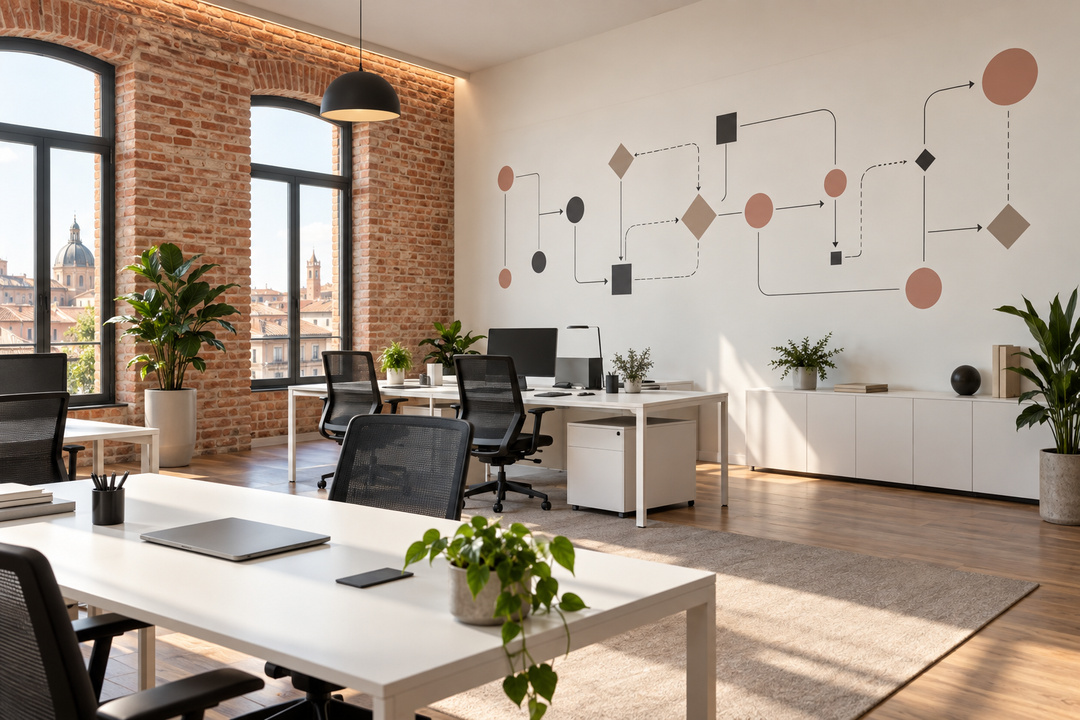 Studio de conseil minimaliste, mur de schemas abstraits