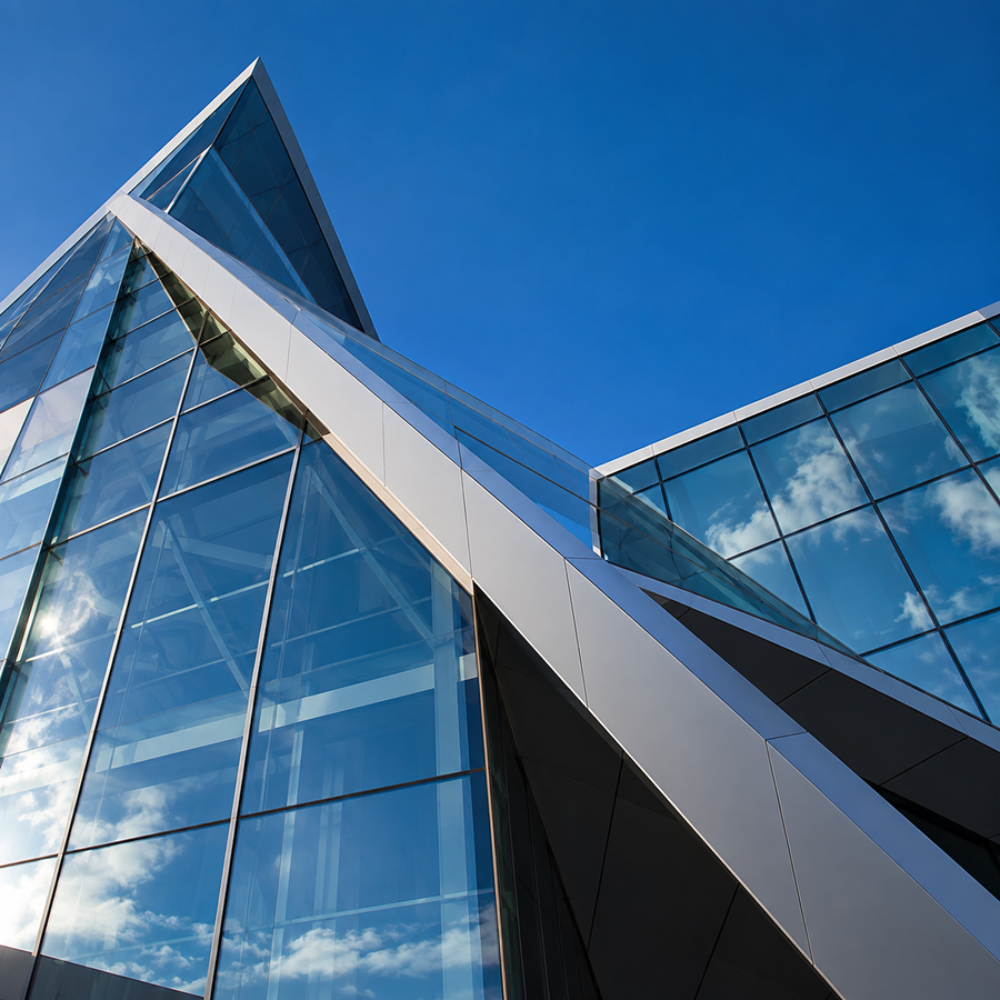Architecture oblique en verre, diagonales marquees